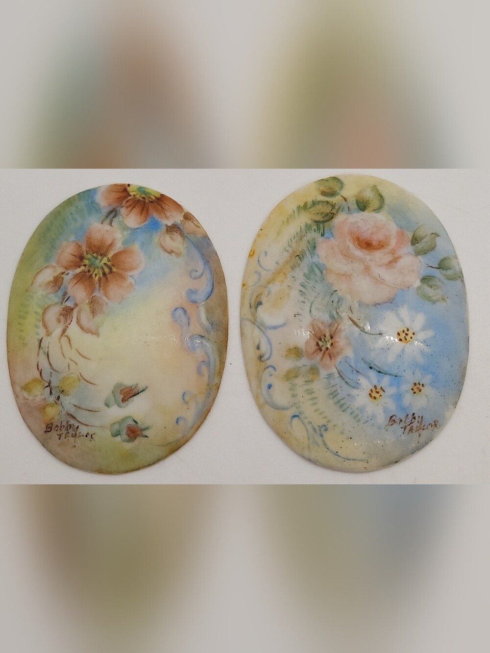 Porcelain Hand Painted Bobby Taylor Signed Brooch Inserts